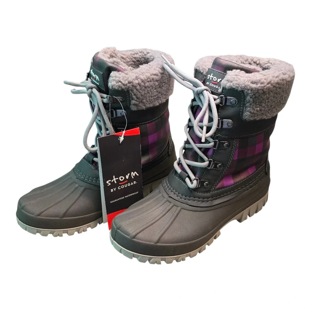 Storm by Cougar Carlisle Waterproof Winter Boots Womens 8 Charcoal Orchid Plaid
